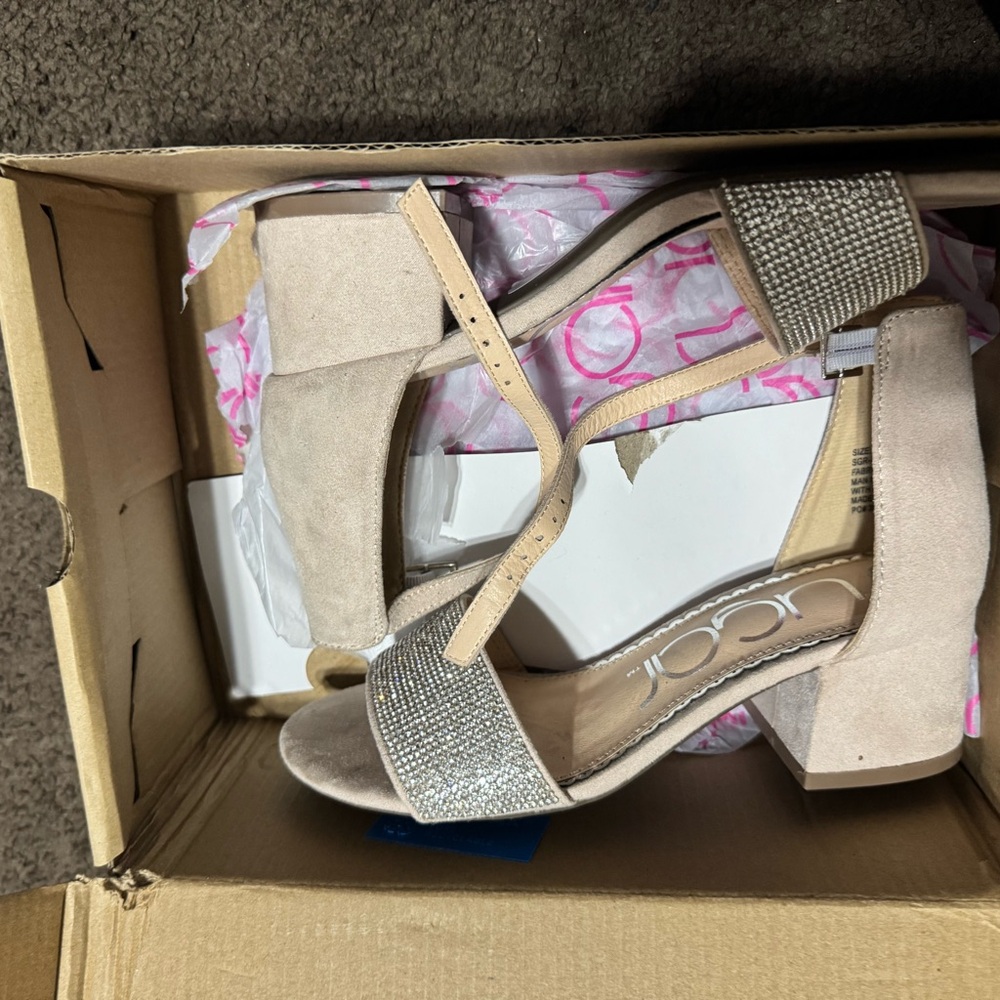 Sugar Beige Rhinestone Block Heel Sandals